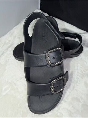 NWT Skechers Women 11 Black Comfort Sandal Double Buckle Adj Strap Walking Shoes